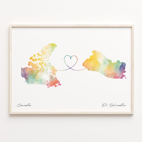 Canada and El Salvador Watercolor Map Heart Connection Poster
