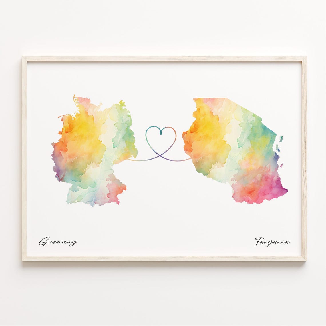 Germany to Tanzania Watercolor Map Poster Connected by Heart Design