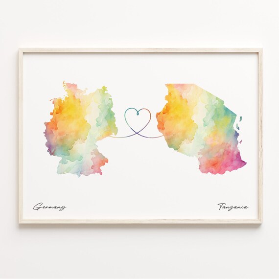 Germany to Tanzania Watercolor Map Poster Connected by Heart Design