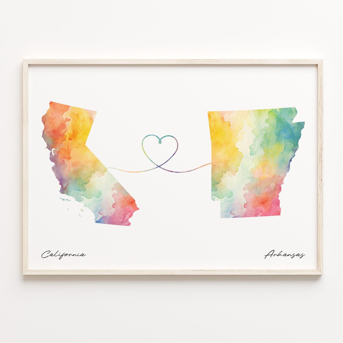 California to Arkansas Watercolor Heart Connection Map Poster