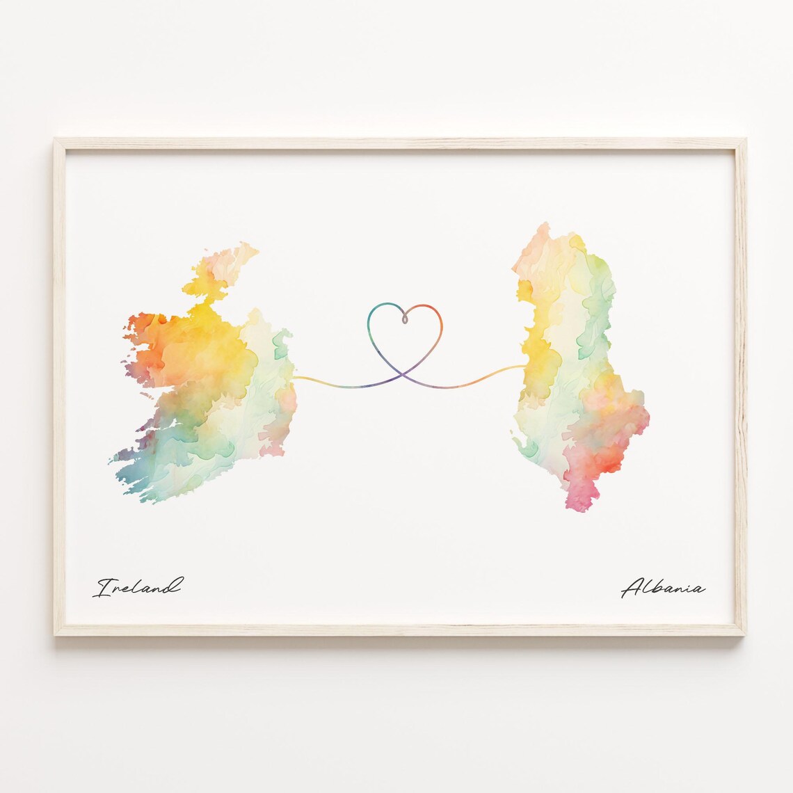 Ireland To Albania Watercolor Map Heart Line Connection Poster