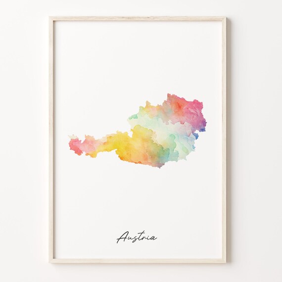 Austria Rainbow Watercolor Map Poster with Hand Lettered Country Script