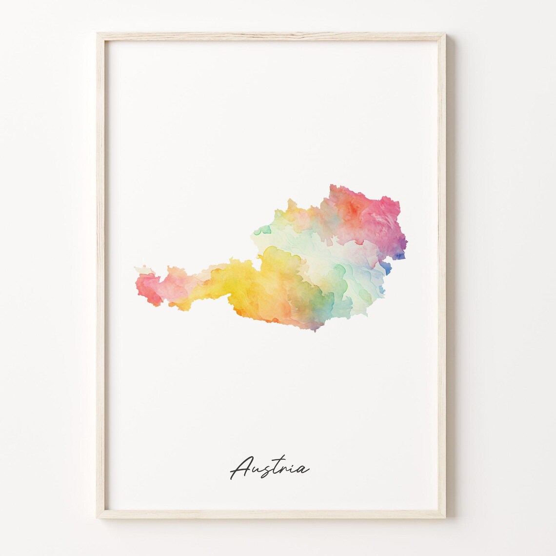 Austria Rainbow Watercolor Map Poster with Hand Lettered Country Script