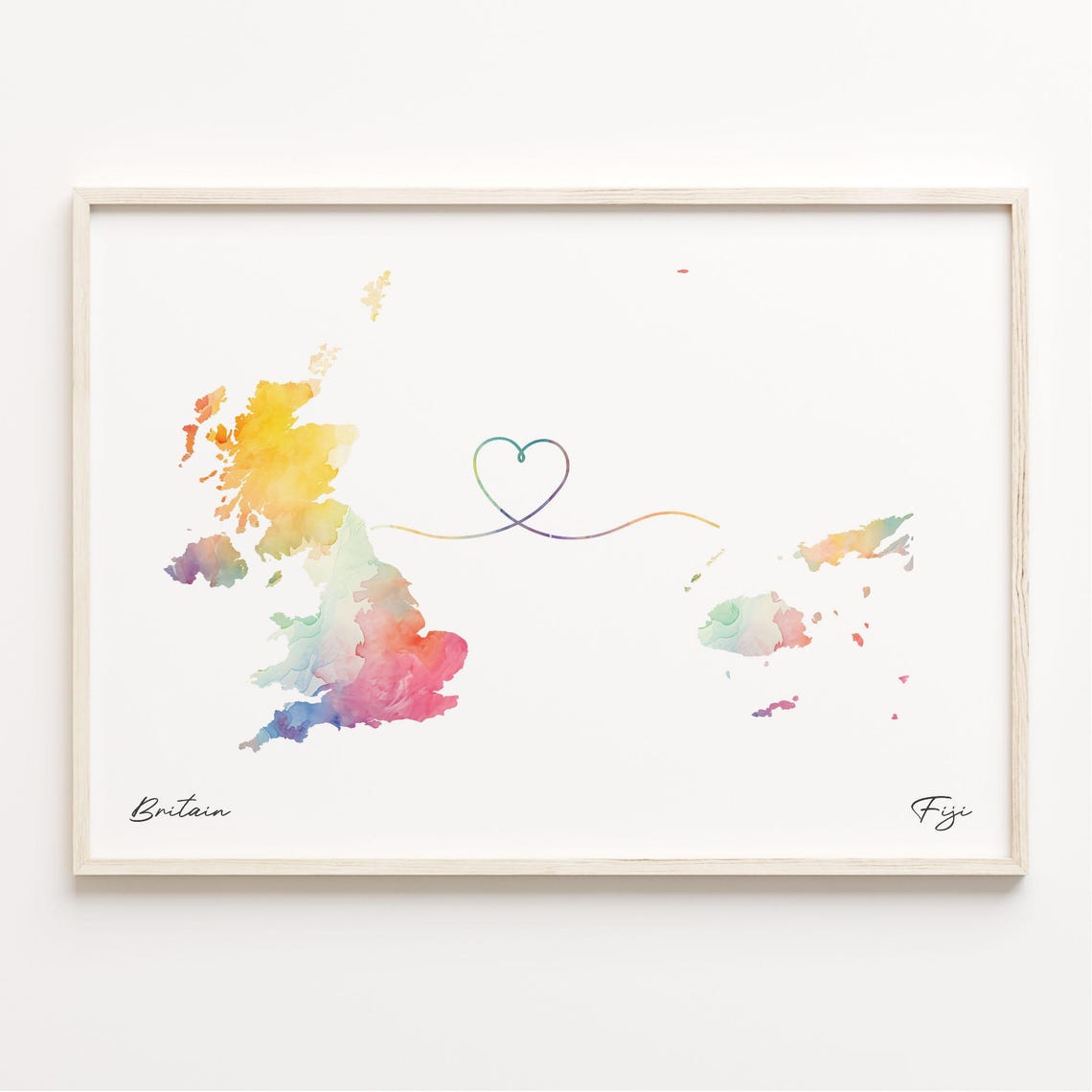 Britain To Fiji Watercolor Map Heart Connection Gift Poster Decor