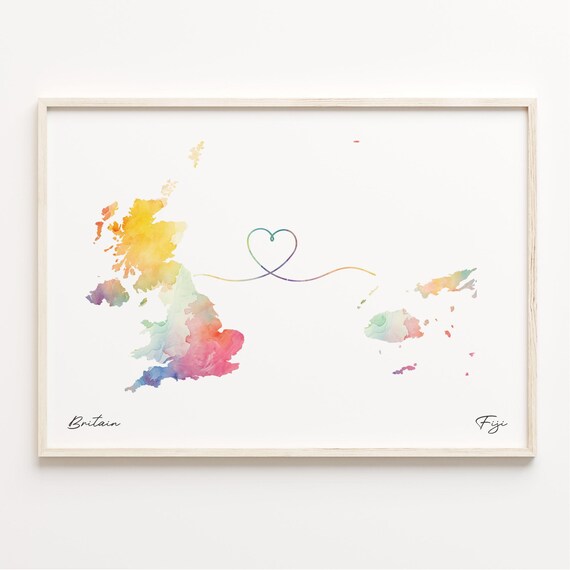 Britain To Fiji Watercolor Map Heart Connection Gift Poster Decor