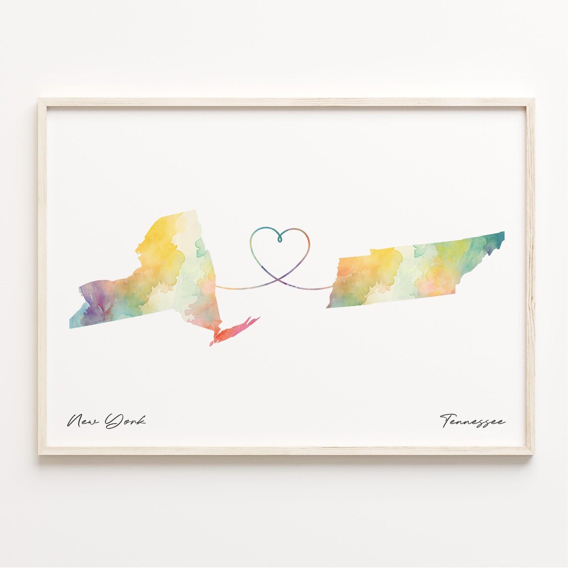 New York To Tennessee Watercolor Map Heart Long Distance Love Poster