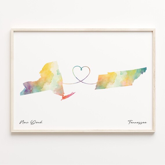 New York To Tennessee Watercolor Map Heart Long Distance Love Poster