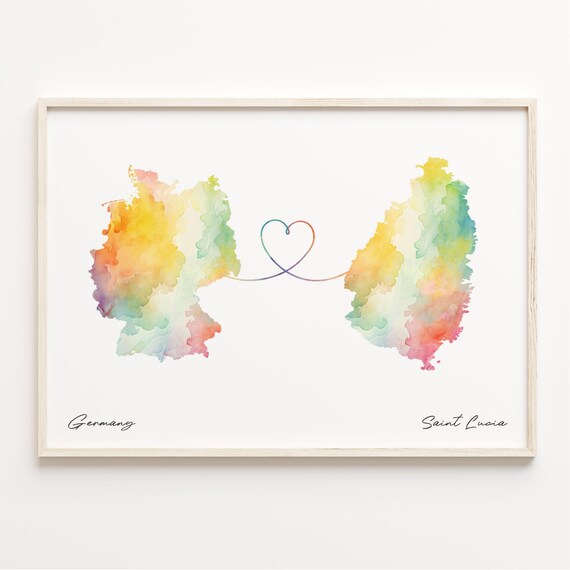 Germany to Saint Lucia Watercolor Map Poster with Heart Connection