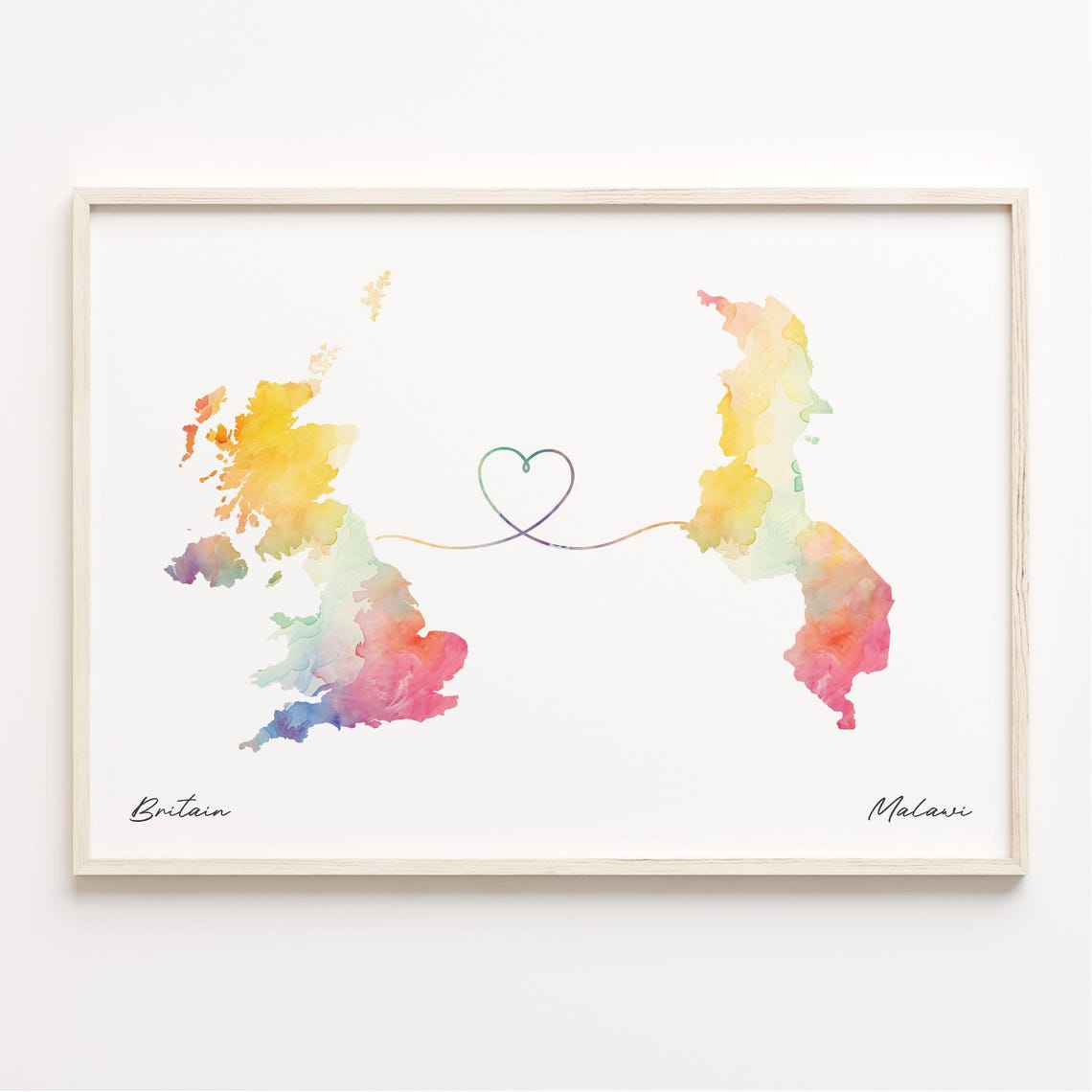Britain to Malawi Watercolor Heart Connection Long Distance Map Poster