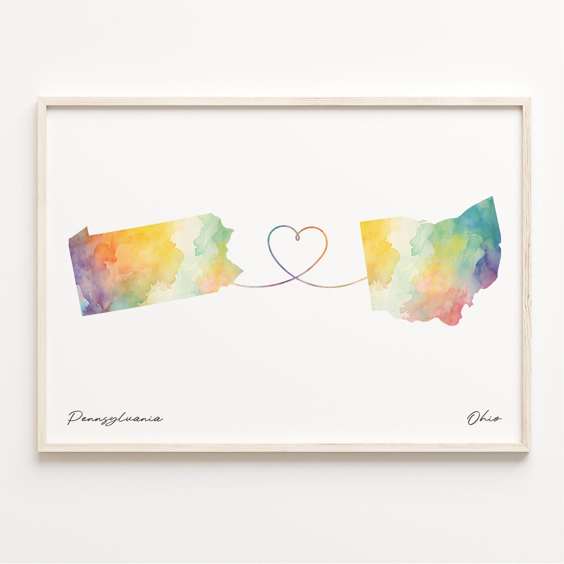 Pennsylvania and Ohio Watercolor Map Heart Long Distance Gift Print