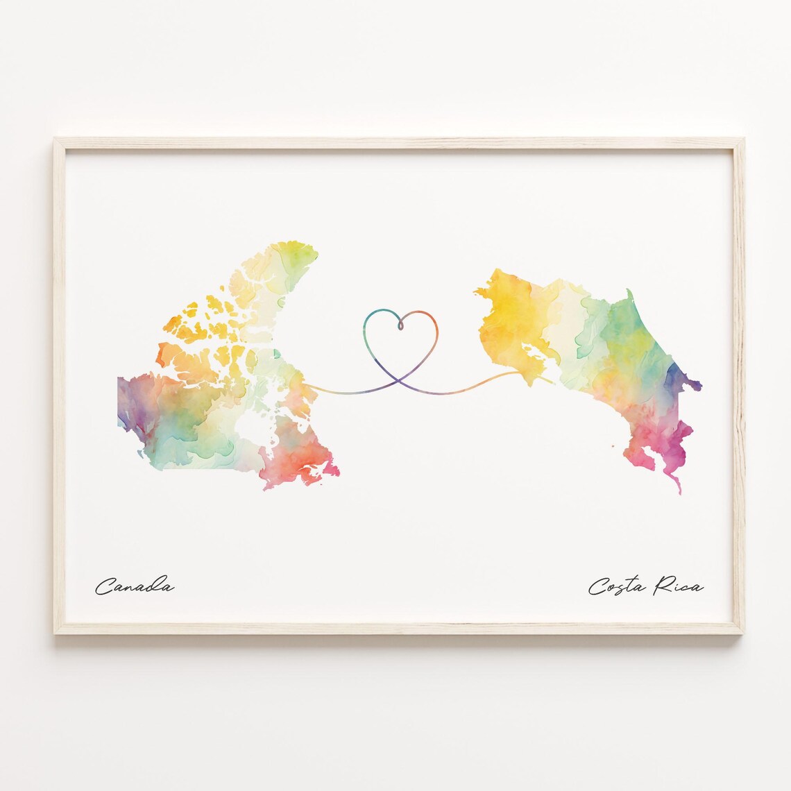 Canada To Costa Rica Watercolor Map Heart Long Distance Poster