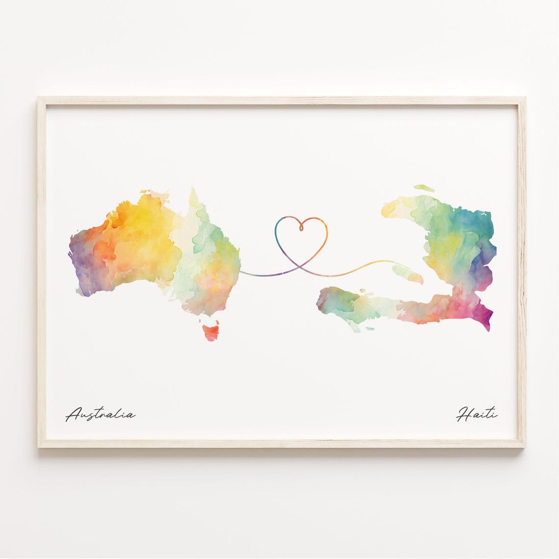 Australia to Haiti Watercolor Map Heart Connection Art Print