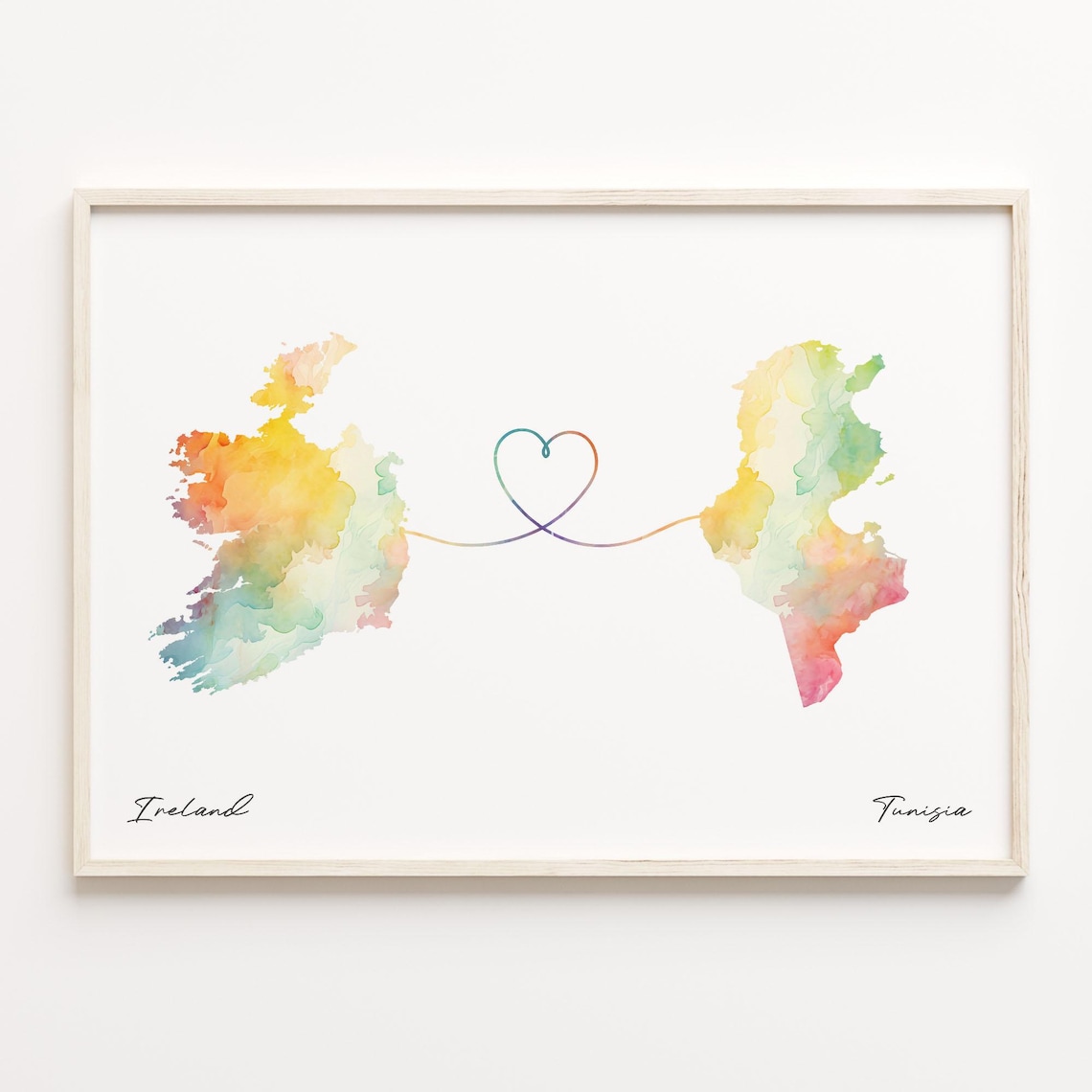 Ireland To Tunisia Watercolor Heart Line Long Distance Travel Map Print