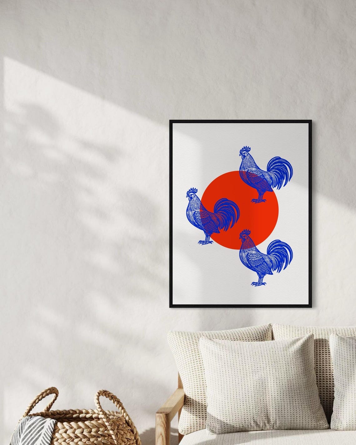 Three Blue Roosters Around Red Sun Japanese Style Animal Poster - Image 3