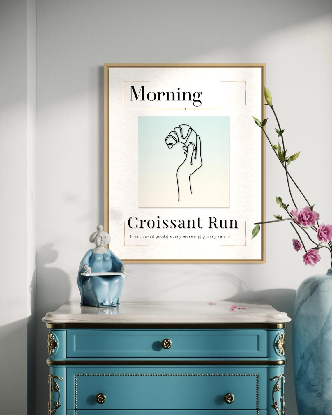 Morning Croissant Run Hand Line Art Minimalist Kitchen Poster - Image 4