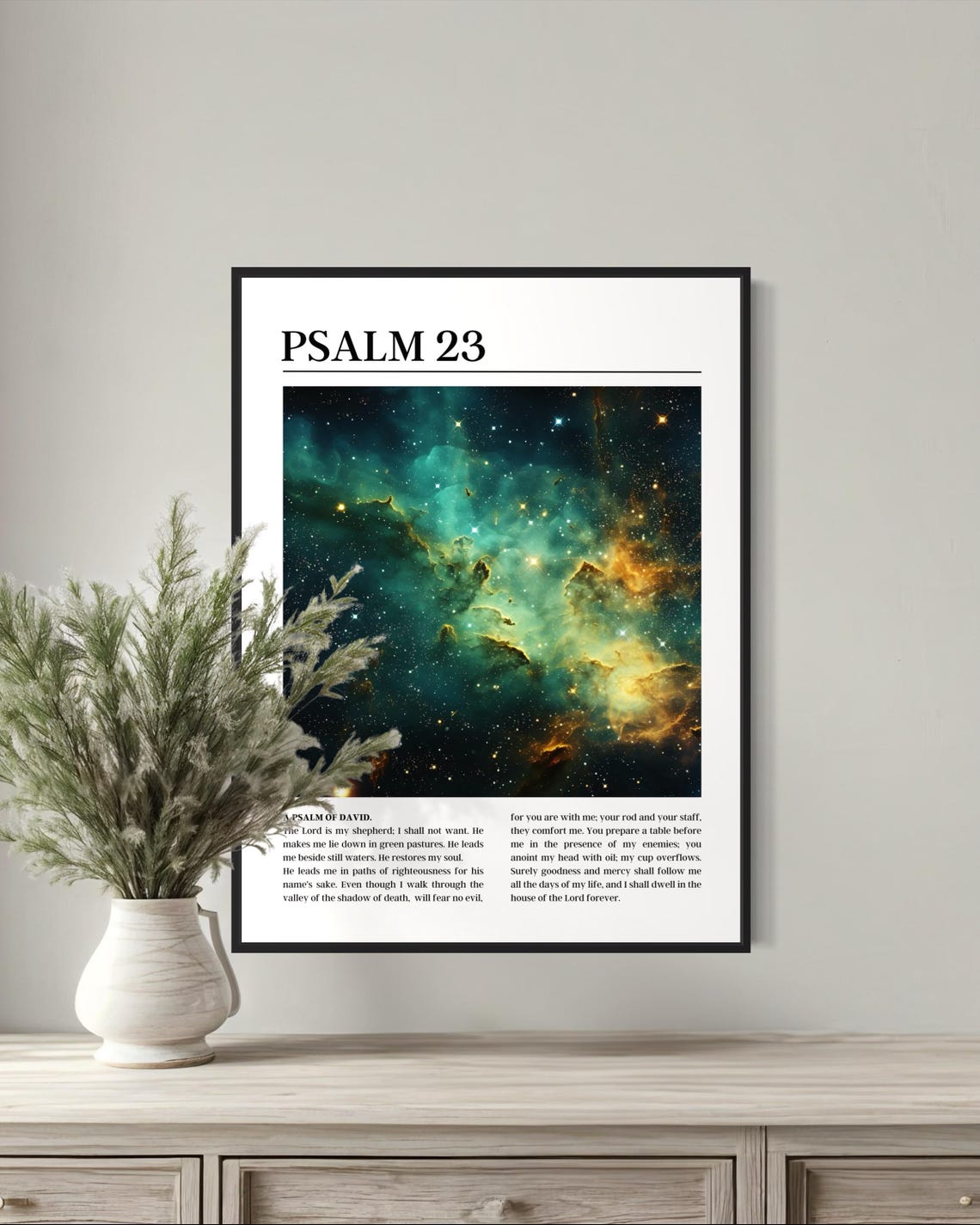 Psalm 23 Bible Verse Poster with Green and Gold Galaxy Nebula Image