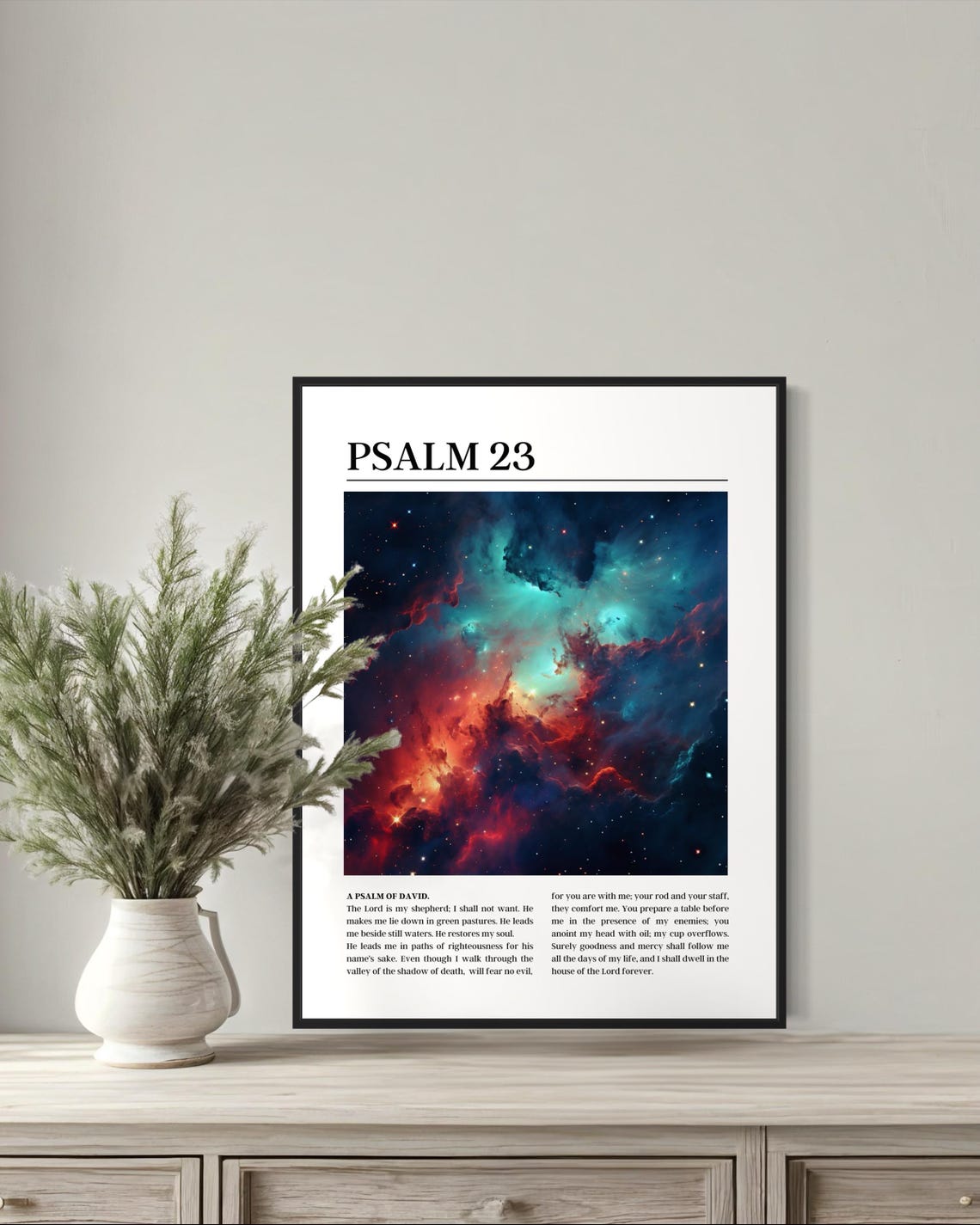 Psalm 23 Bible Verse Poster with Teal and Red Galaxy Nebula Image - Image 5