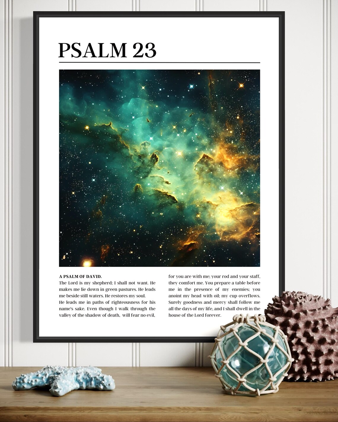 Psalm 23 Bible Verse Poster with Green and Gold Galaxy Nebula Image - Image 4