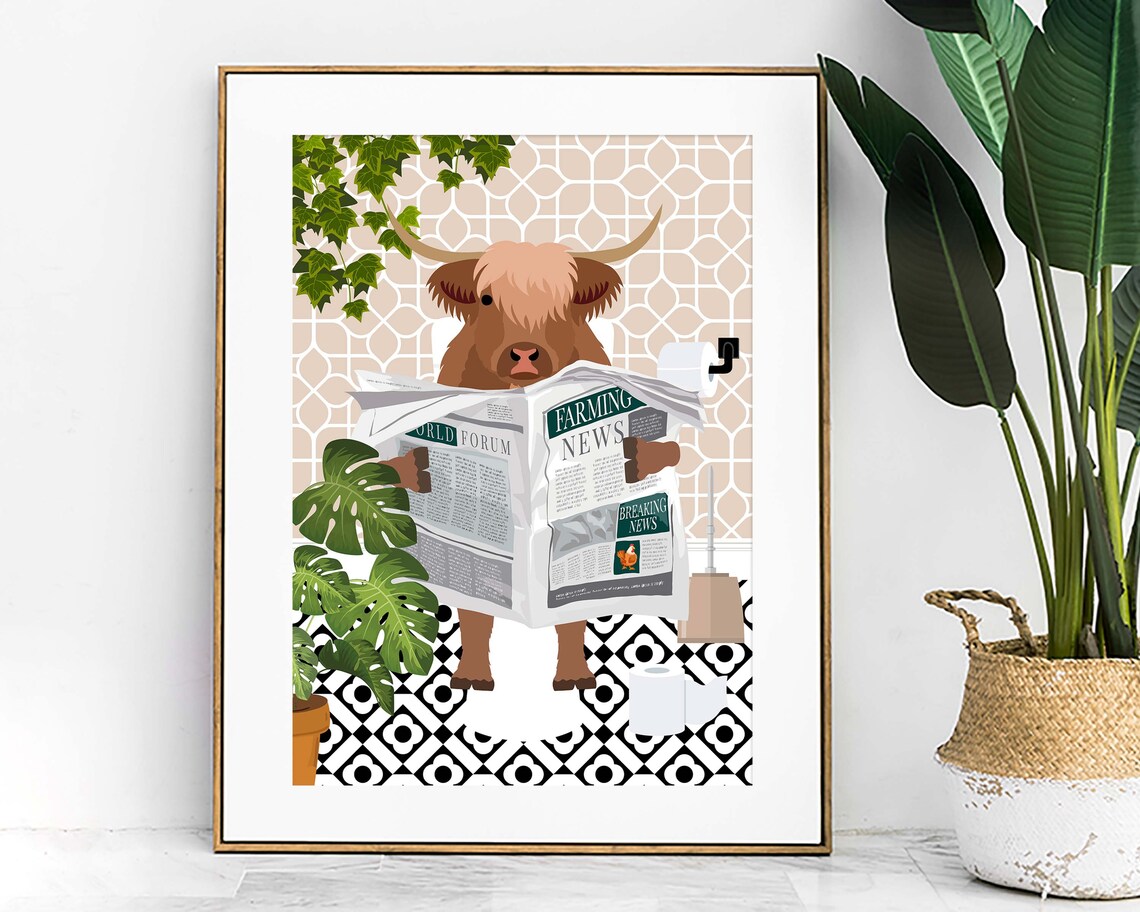 Highland Cow on Toilet Reading Newspaper Funny Bathroom Poster