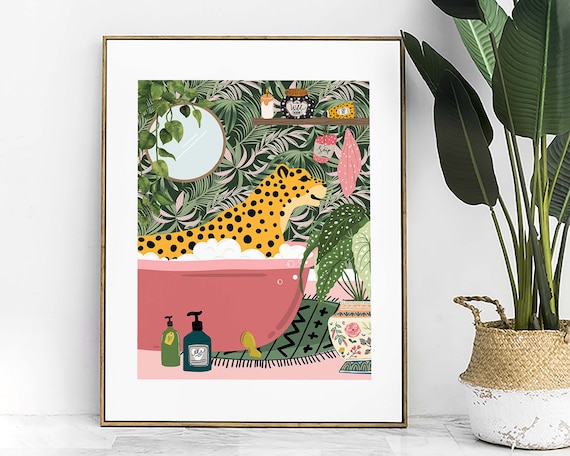 Leopard In Bathtub Bathroom Poster, Maximalist Decor