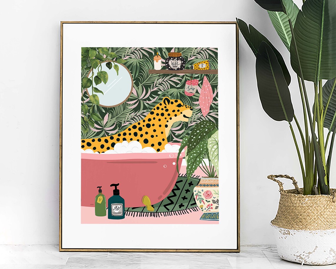 Leopard In Bathtub Bathroom Poster, Maximalist Decor