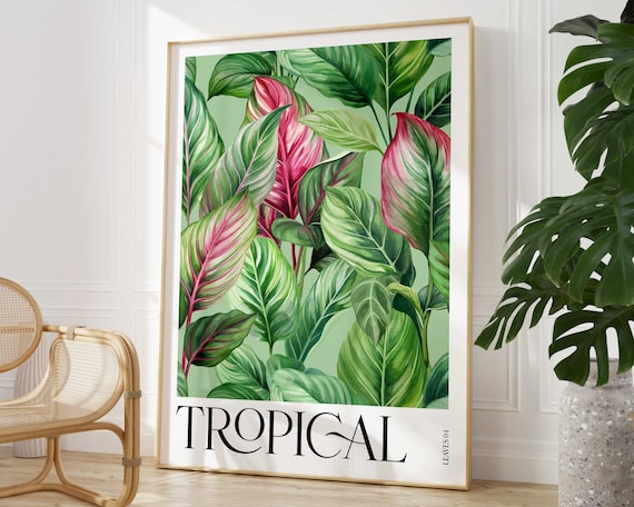 Pink Tropical Leaves Paradise Garden Print Bold Botanical Wall Art Rainforest Poster Wild Nature Foliage Living Room Home Decor