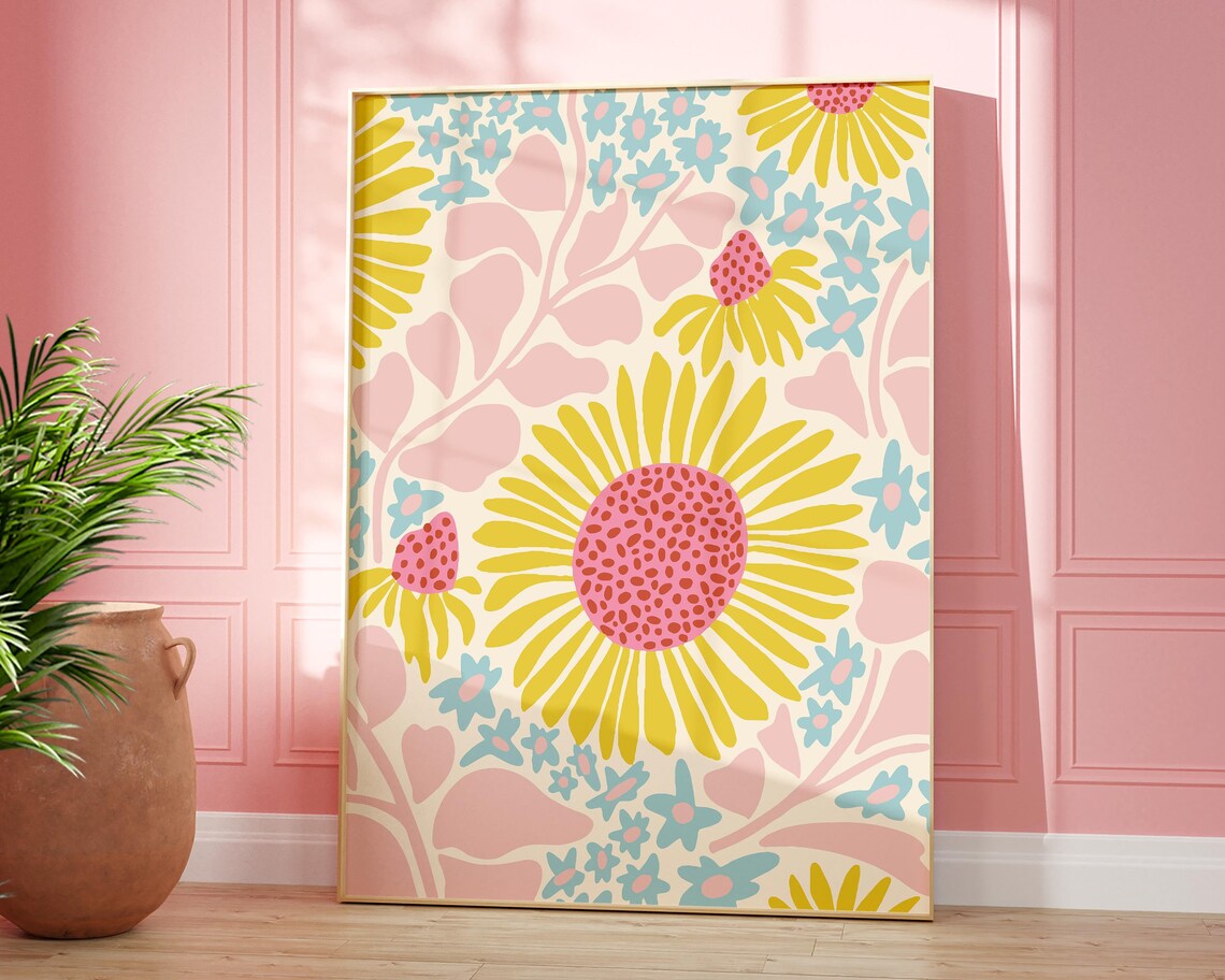 Boho Abstract Daisy Art Print, Retro Floral Decor