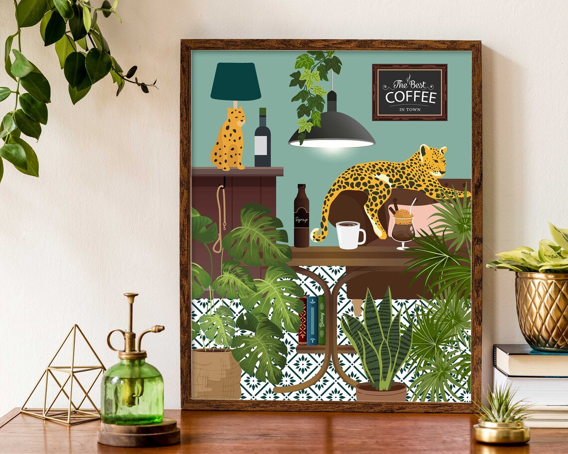 Leopard on Sofa Coffee Bar Poster, Maximalist Decor