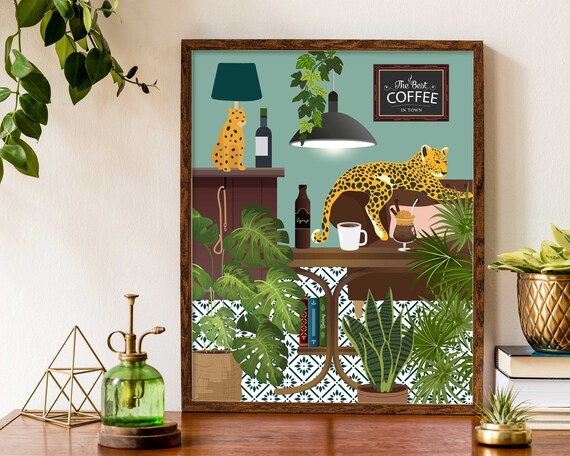 Leopard on Sofa Coffee Bar Poster, Maximalist Decor