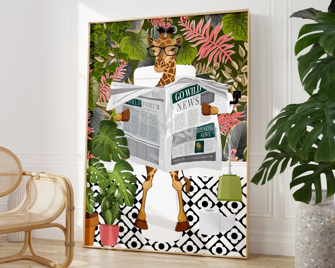Giraffe on Toilet Bathroom Print, Tropical Boho Decor