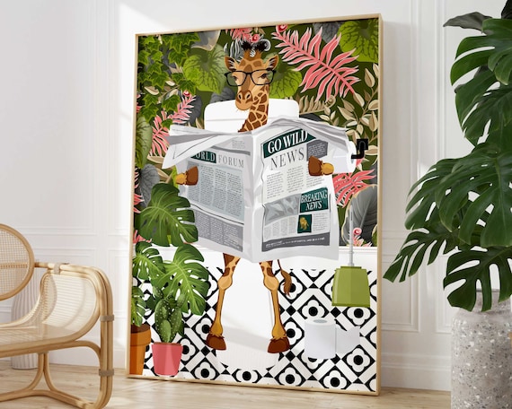 Giraffe on Toilet Bathroom Print, Tropical Boho Decor