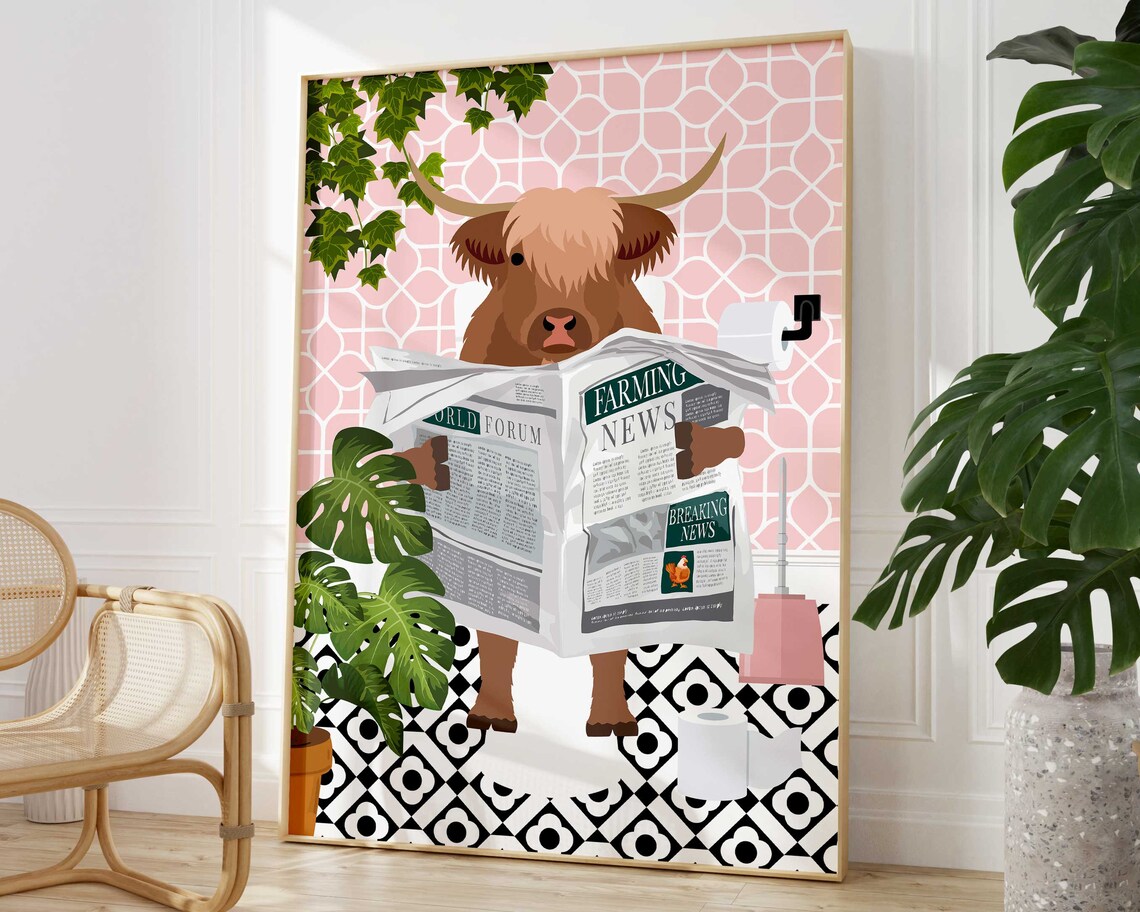 Highland Cow On Toilet Bathroom Art Print, Jungle