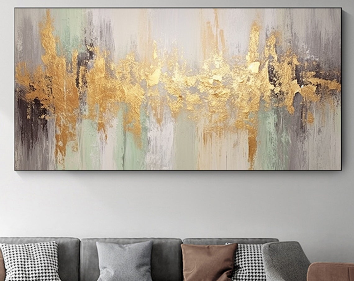 Gold Leaf Streaks Grey Green Abstract Elegant Painting Poster