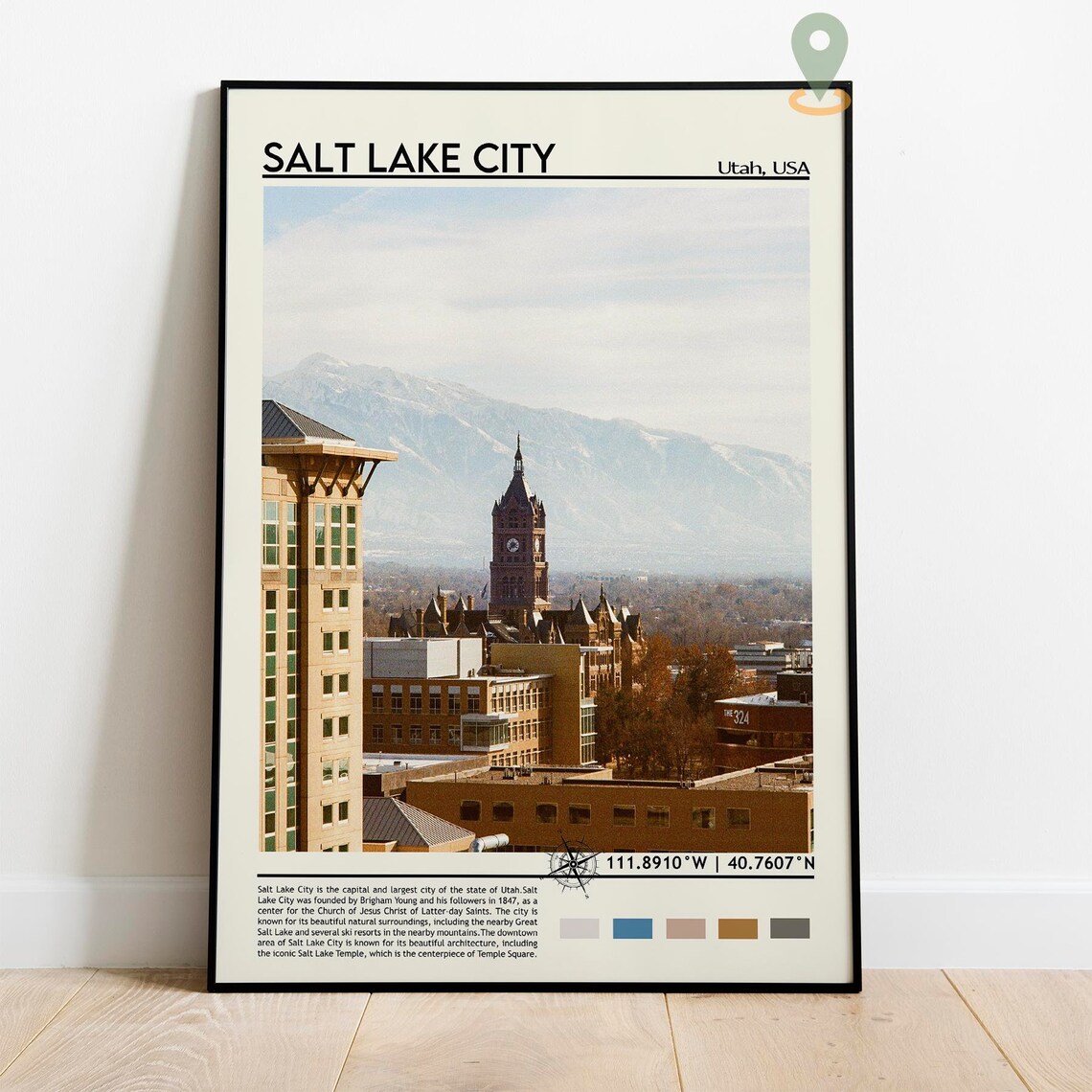 Salt Lake City Utah Clock Tower Snowy Mountains Travel Poster - Image 2