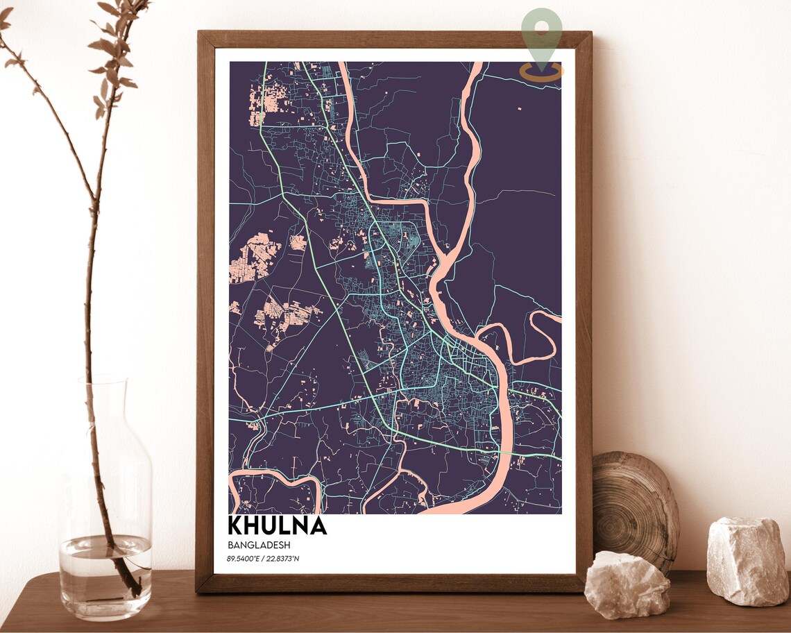 Khulna Bangladesh Dark Teal River Minimalist City Map Wall Art - Image 3