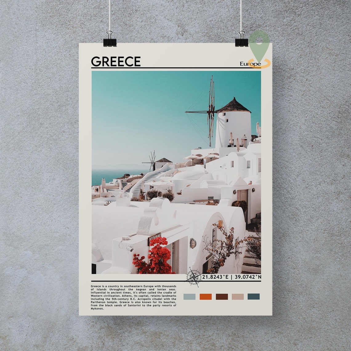 Santorini Greece Whitewashed Village and Windmill Aegean Travel Poster - Image 3