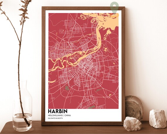 Harbin China Modern City Map Red Cream Minimalist Art Poster