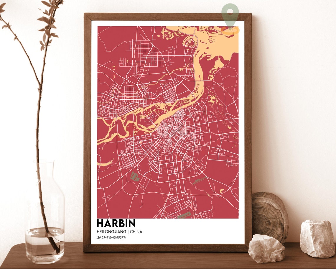 Harbin China Modern City Map Red Cream Minimalist Art Poster