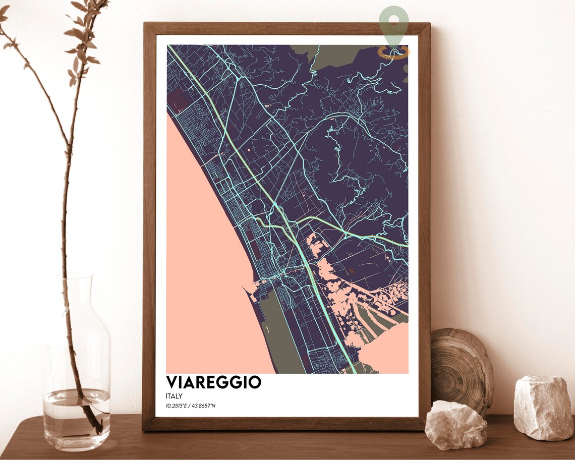 Viareggio Italy Coastal City Map Poster Cream Burgundy Art Style - Image 3