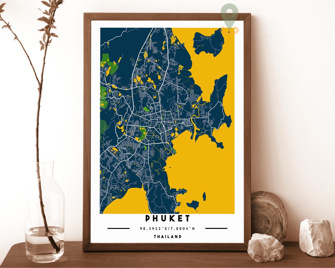 Phuket Thailand Navy Gold Island Street Map Modern Bold Wall Art