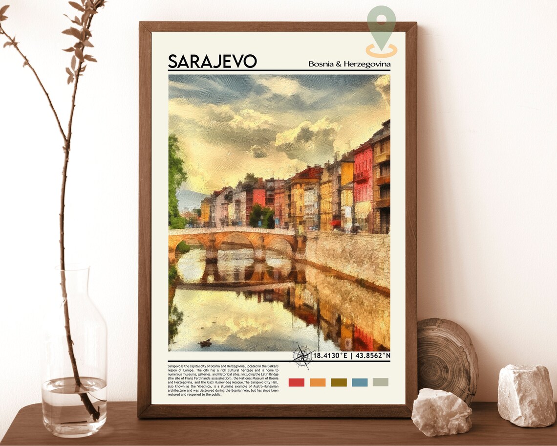 Sarajevo Bosnia Historic River Bridge Old Town Travel Poster