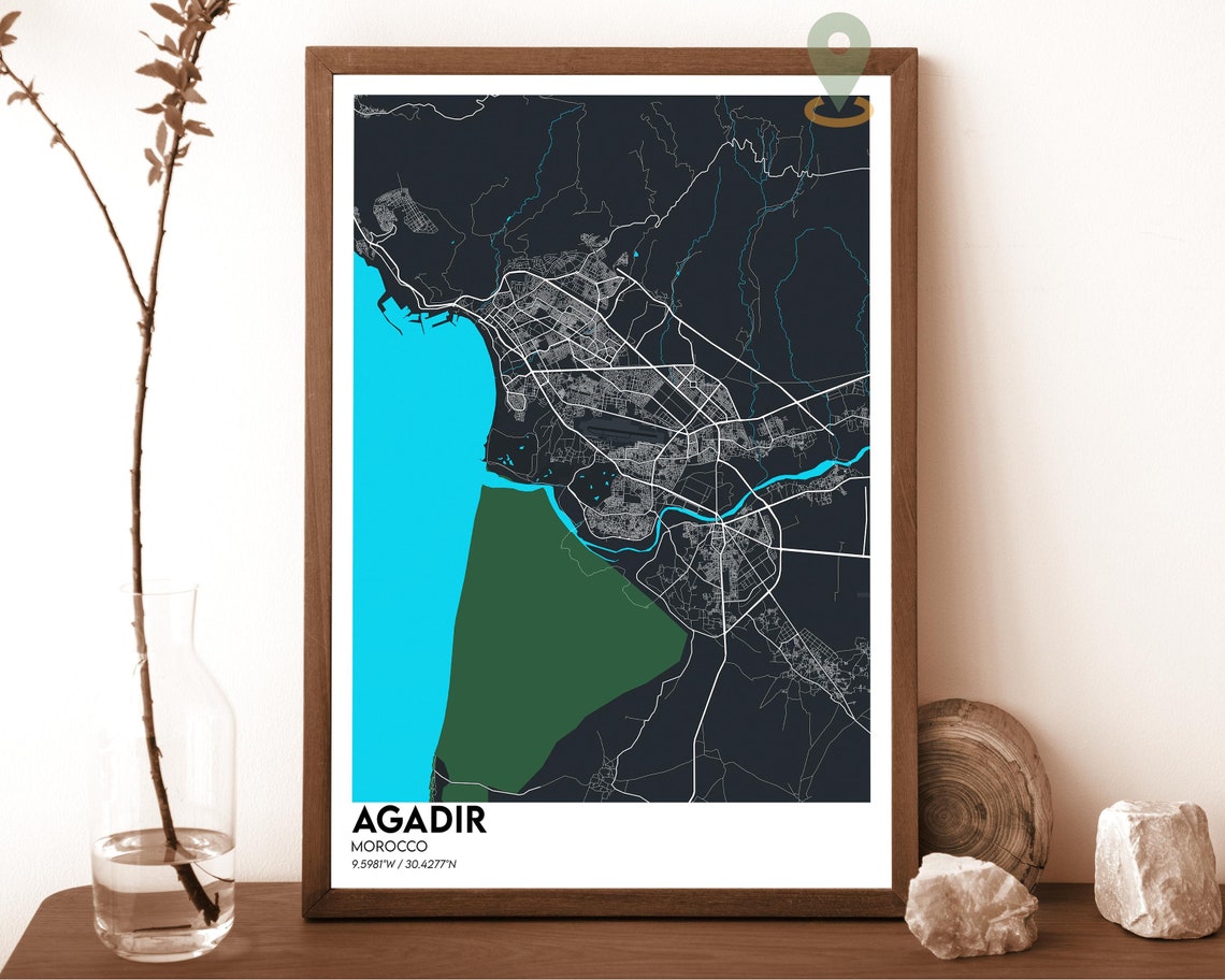 Agadir Morocco Navy Blue Yellow Minimalist City Map Wall Art - Image 6