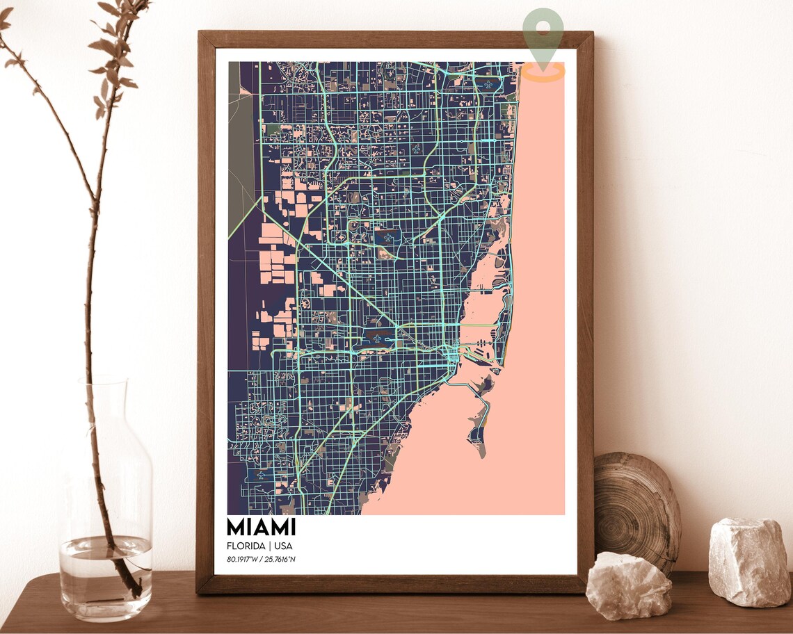Miami Florida USA Vibrant Bold Navy Yellow City Street Map Poster - Image 6