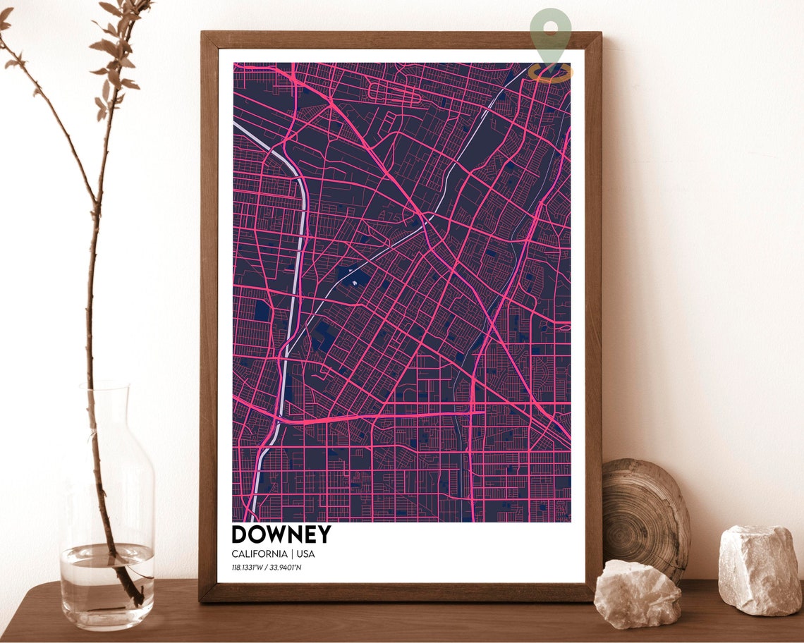 Downey California USA Night Teal Neon City Map Street Grid Poster - Image 2