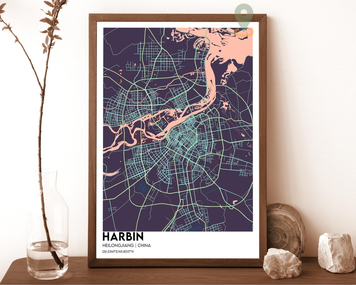 Harbin China Modern City Map Red Cream Minimalist Art Poster - Image 3