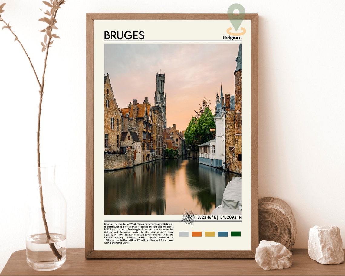 Bruges Belgium Medieval Canal Sunset Reflection Photo Travel Poster