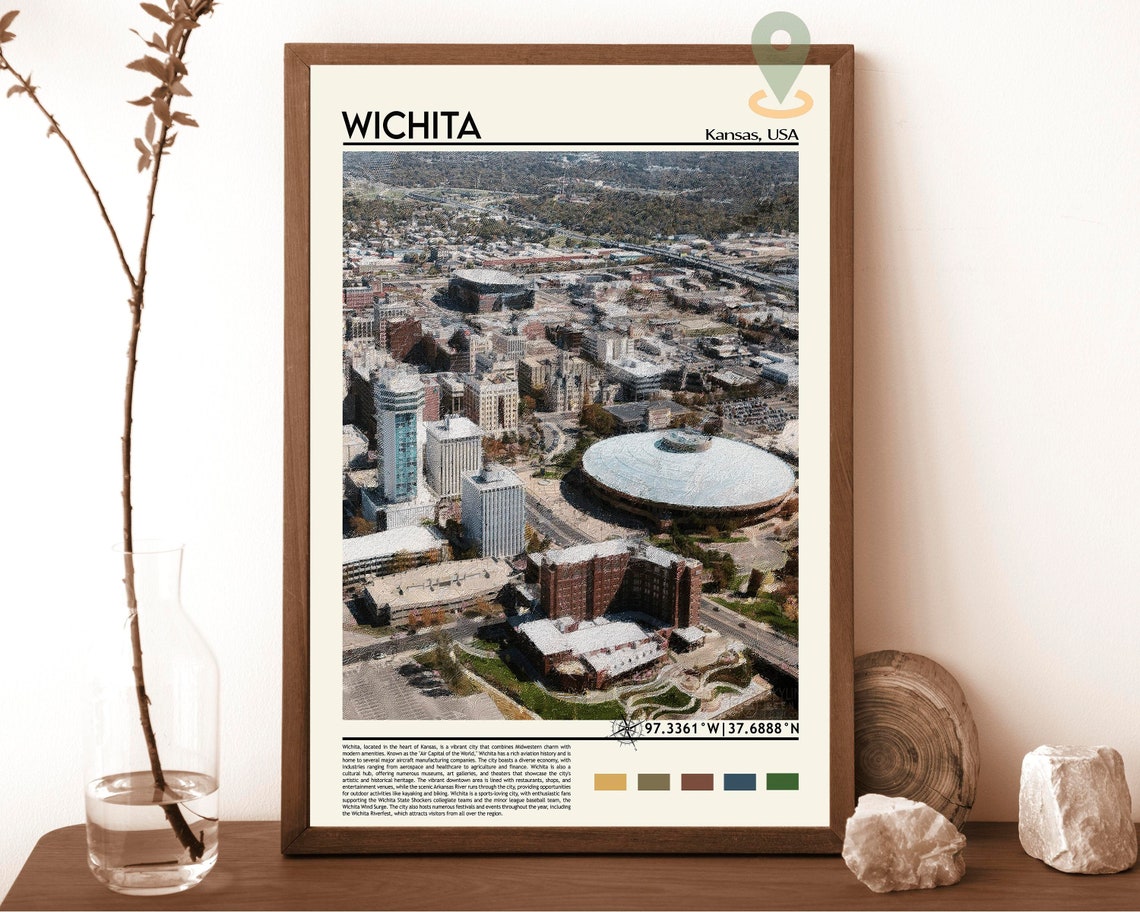 Wichita Kansas Downtown Aerial City View Oil Paint Art Poster