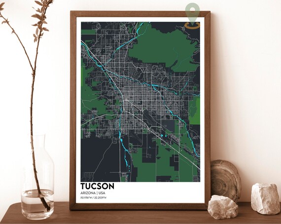 Tucson Arizona Dark Slate Street Map Desert Rivers Art Poster