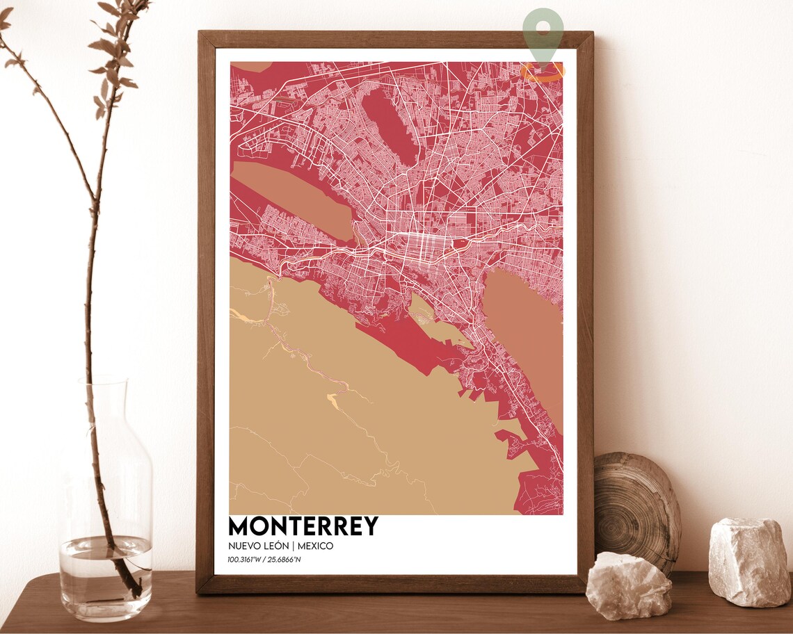 Monterrey Nuevo Leon Mexico taupe beige with brown streets Street Map Coordinates Poster - Image 5