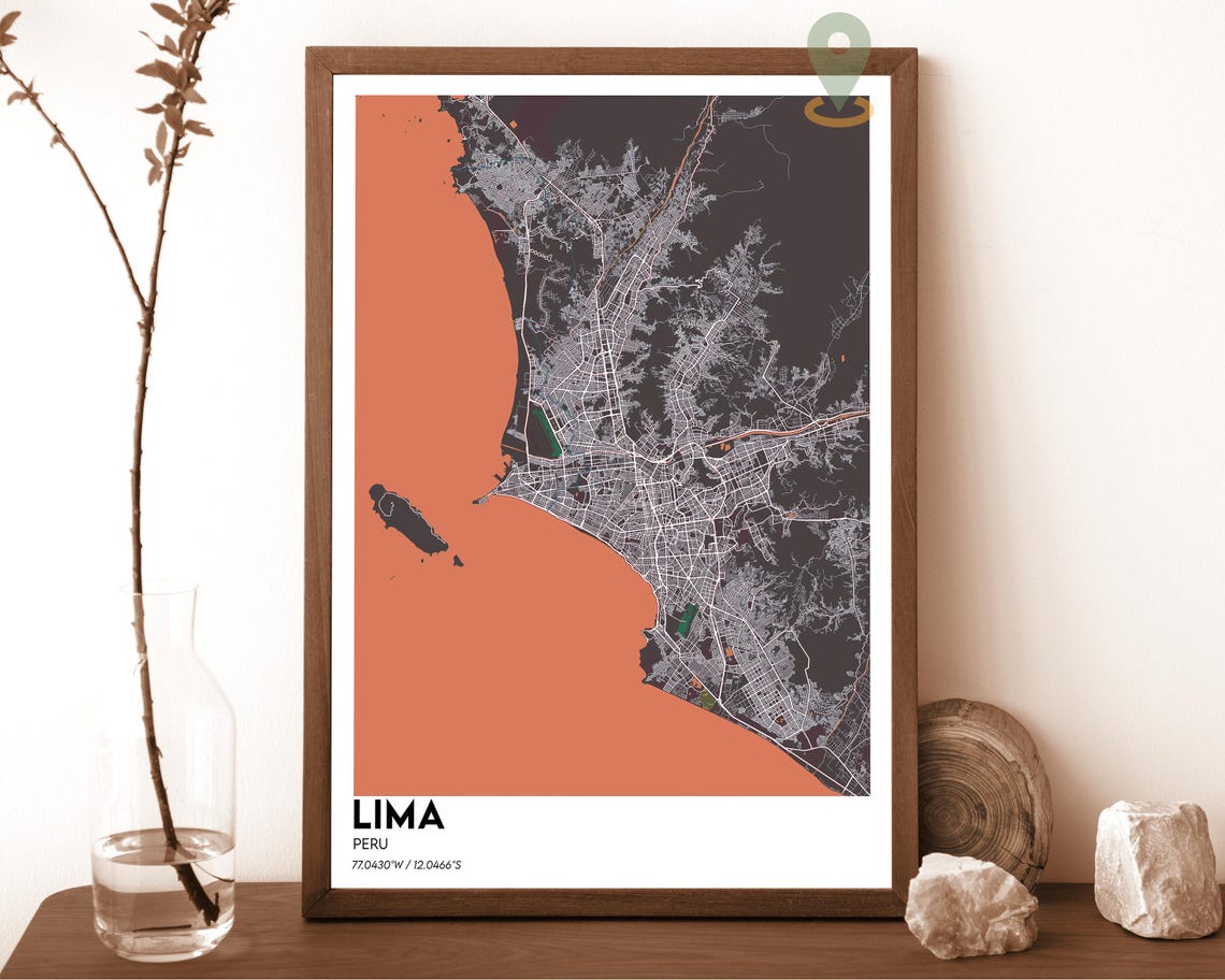 Lima Peru Dark Blue Oceanfront Modern Minimalist City Map Wall Art - Image 3